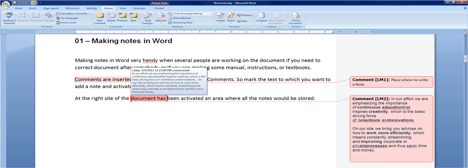 how to add side notes to word document